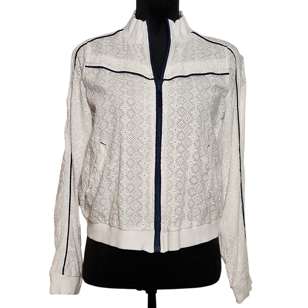 Free People White Eyelet Jacket with Navy Accents Copper Tag Rare